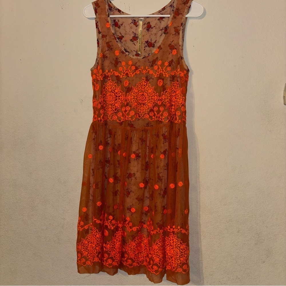 Uncle Frank dress, orange lace overlay floral sheath, size Small